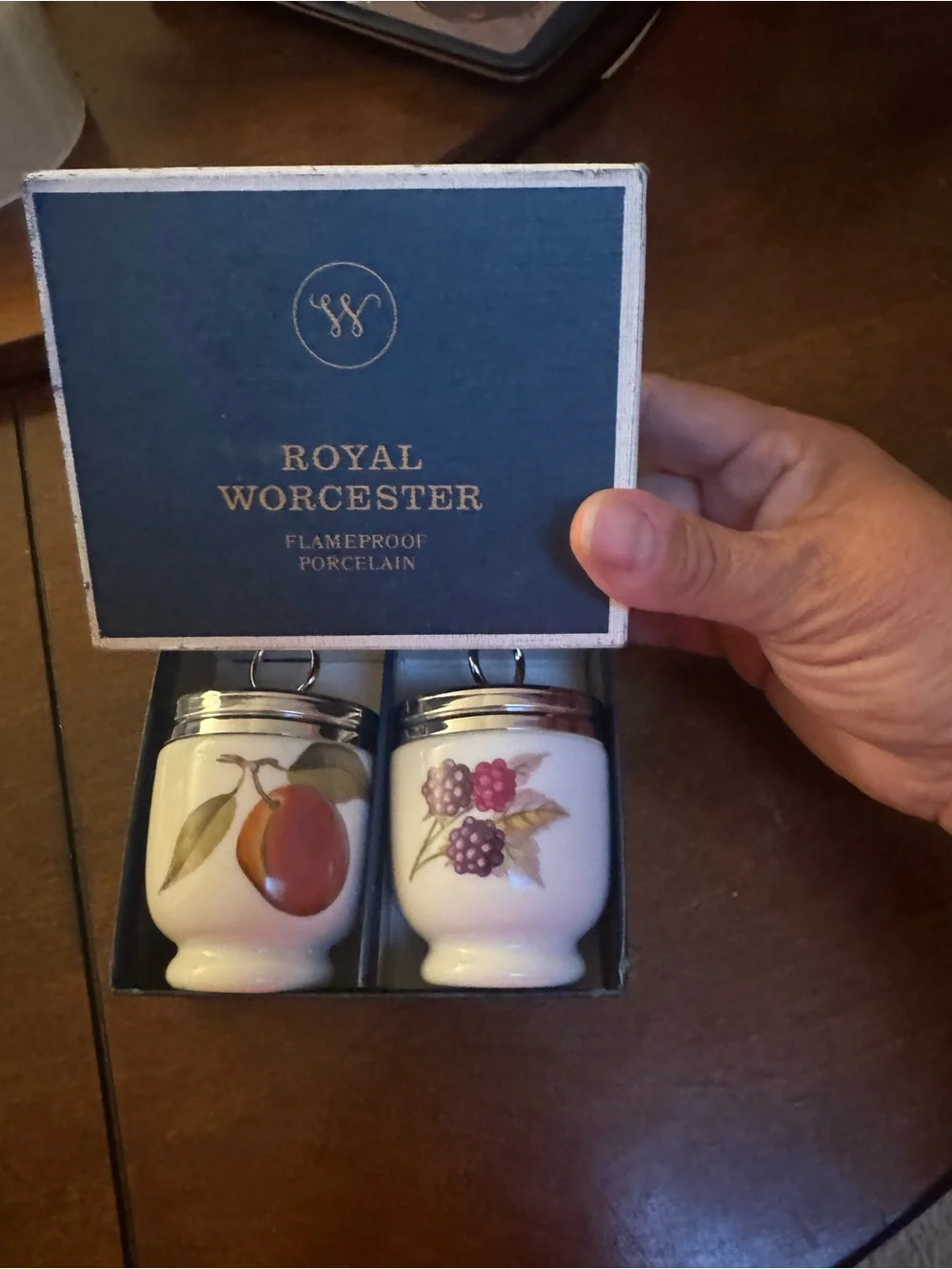 VTG 2 Royal Worcester Porcelain  Egg Coddlers, Original Box, w/Ephemera Card New